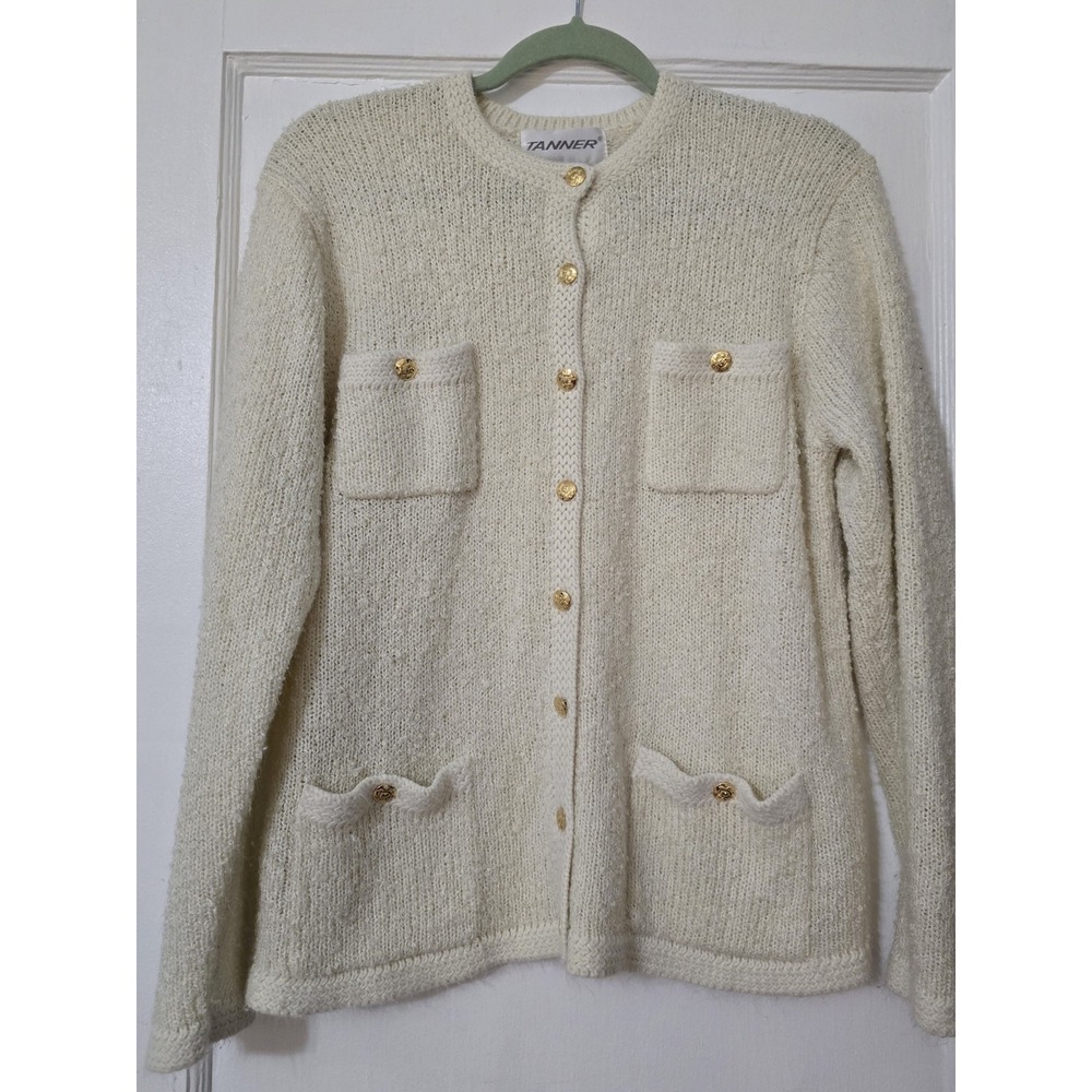 Vintage‎ Tanner Cream Knit Gold Button Front Cardigan Sweater Old Money Preppy M